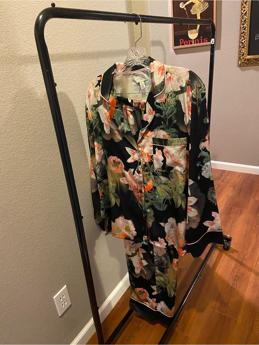 Ted Baker London Black Floral Satin Pajama Set with Pink & Green Accents